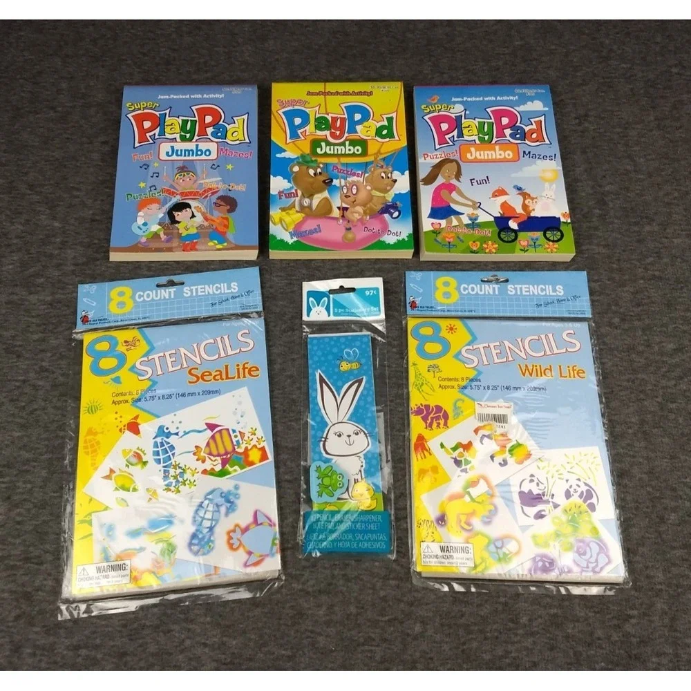 Super Playpad Jumbo Activity Games Books Lot + Stencils, Sticker Notepad Eraser‎